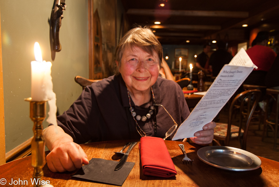 Jutta Engelhardt sitting down for dinner at Jessop's Tavern in New Castle, Delaware