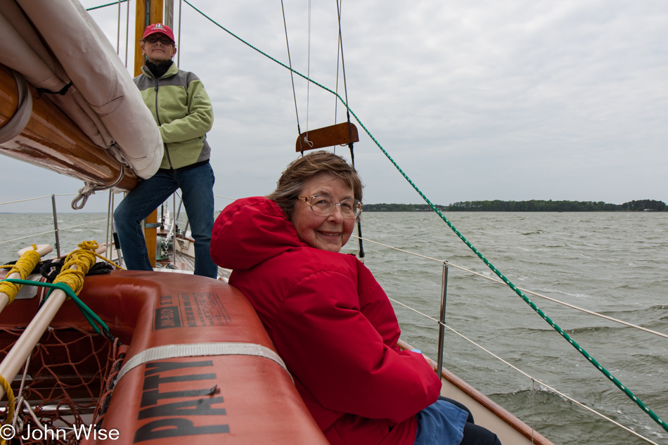 Jutta Engelhardt sailing the Lady Patty on the Choptank river part of the Chesapeake Bay in Maryland