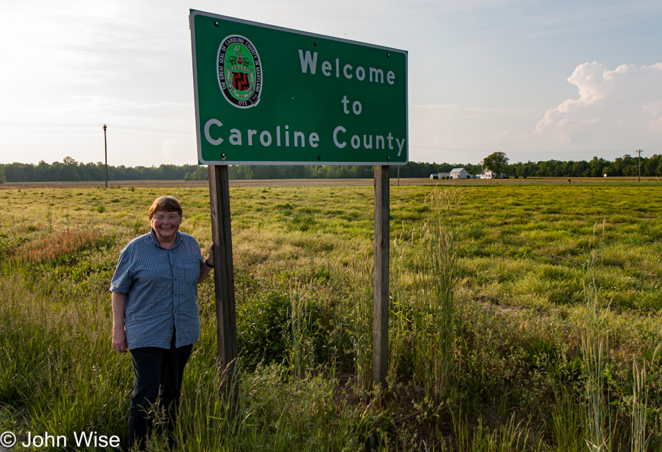 Jutta Engelhardt at the Caroline County welcome sign in Maryland
