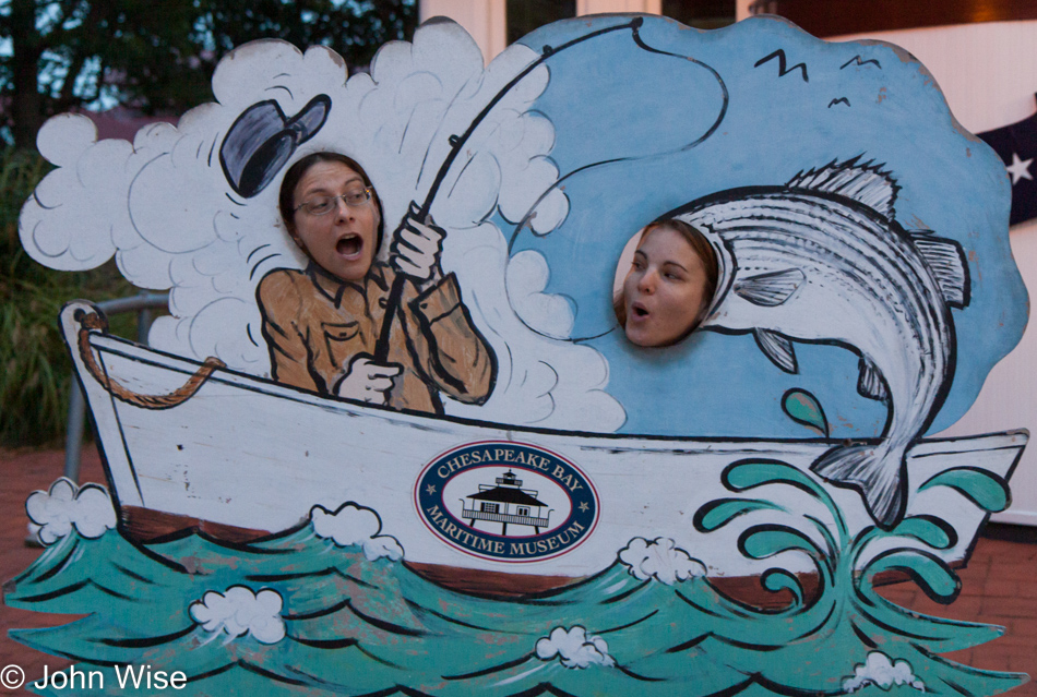 Caroline Wise catching the big one with Jessica Aldridge on the hook at the Chesapeake Bay Maritime Museum in St. Michaels, Maryland