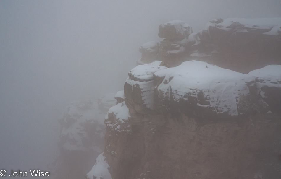 Snowy Grand Canyon shrouded in fog on December 12, 2009