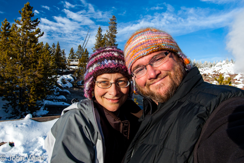 Caroline Wise and John Wise on the Back Basin, part of the Norris Geyser Basin in Yellowstone National Park January 2010