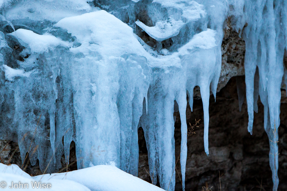 Icicles hanging from a dormant terrace at Mammoth Hot Springs in Yellowstone National Park January 2010