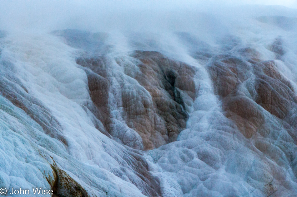 Closeup detail of a steaming side of hot spring that has formed as a hill at Mammoth Hot Springs in Yellowstone National Park January 2010