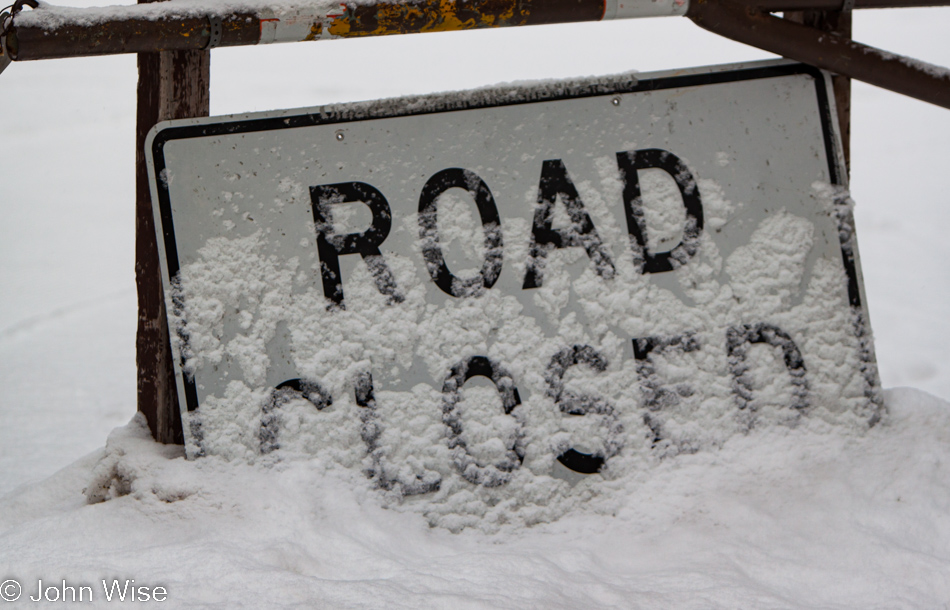 Road Closed sign at the beginning of the Snow Pass trail and the top of Mammoth Terrace in Yellowstone National Park