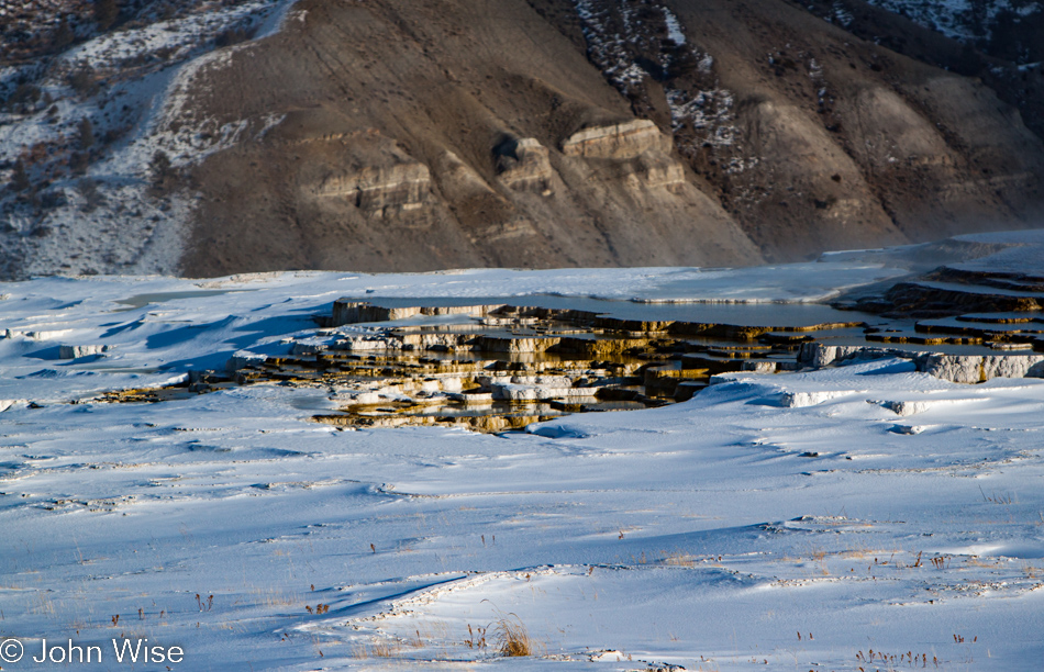 Hot spring creating a travertine terrace on the Upper Terrace at Mammoth Hot Springs in Yellowstone National Park January 2010