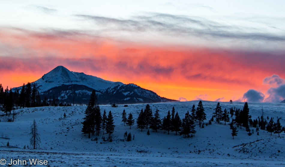 Sunset on Swan Lake Flat with Antler Peak in the background at Yellowstone National Park January 2010