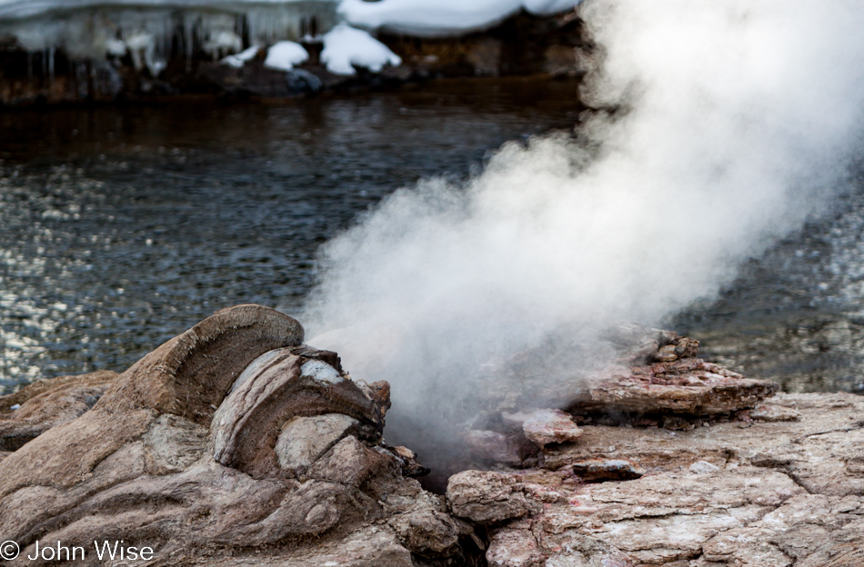 A riverside fumarole on the Upper Geyser Basin in Yellowstone National Park January 2010