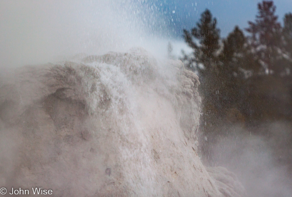 Closeup detail of erupting Castle Geyser on the Upper Geyser Basin in Yellowstone National Park January 2010