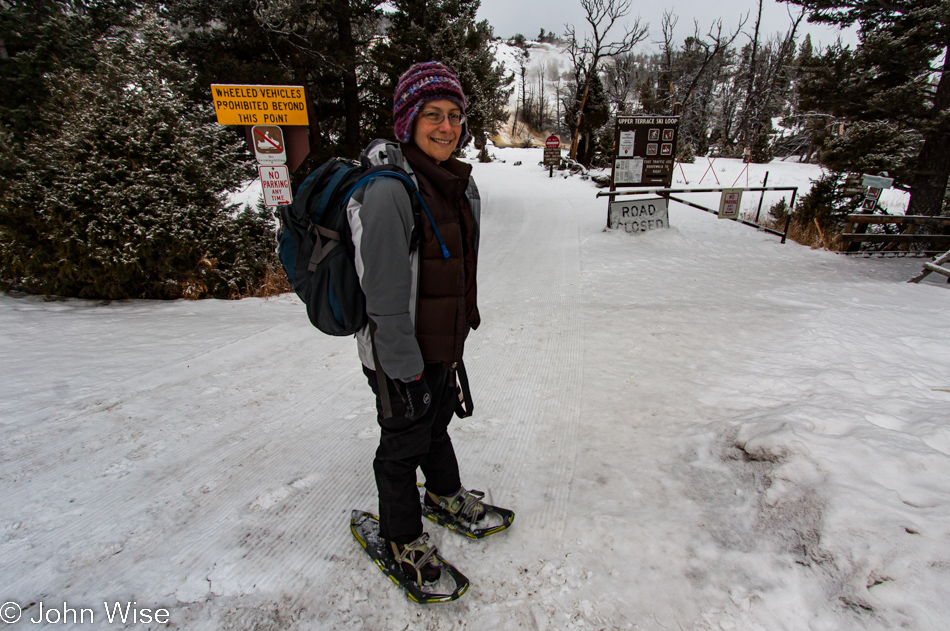 Caroline Wise about to go snow shoeing over the Upper Terrace Ski Loop at Mammoth Hot Springs in Yellowstone National Park