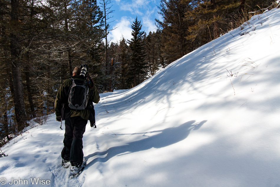 John Wise snowshoeing up Snow Pass in Yellowstone National Park January 2010