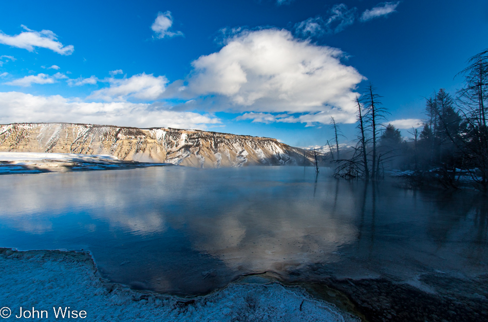 Overview of the waters of Canary Spring on the Upper Terrace of Mammoth Hot Springs in Yellowstone National Park January 2010