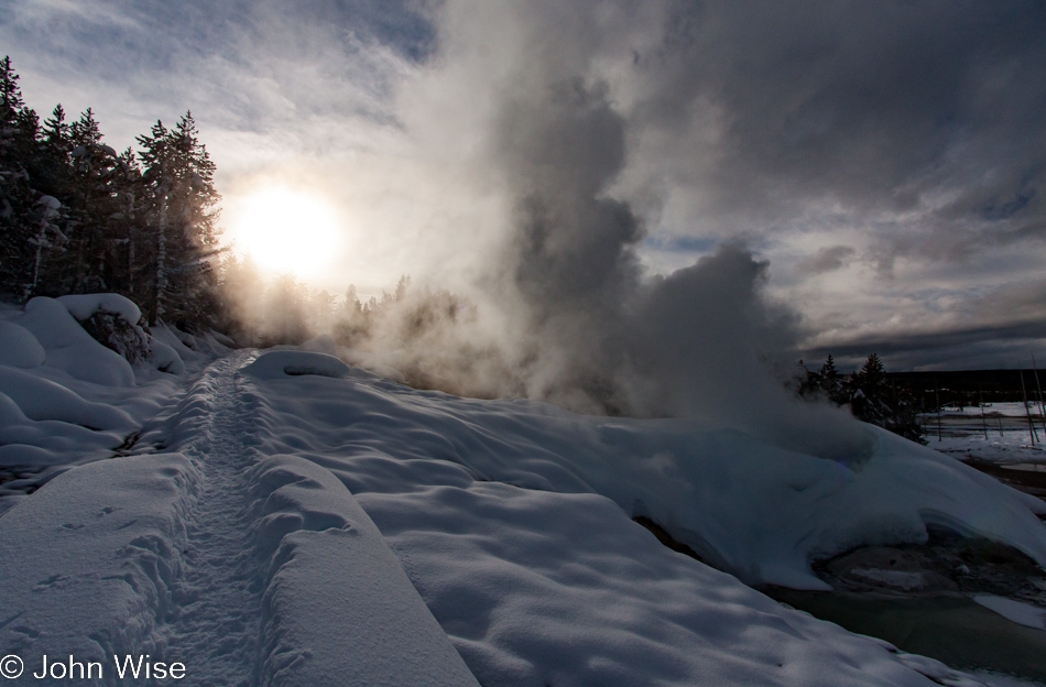 Near the top of Porcelain Basin at Norris Geyser Basin in Yellowstone National Park January 2010