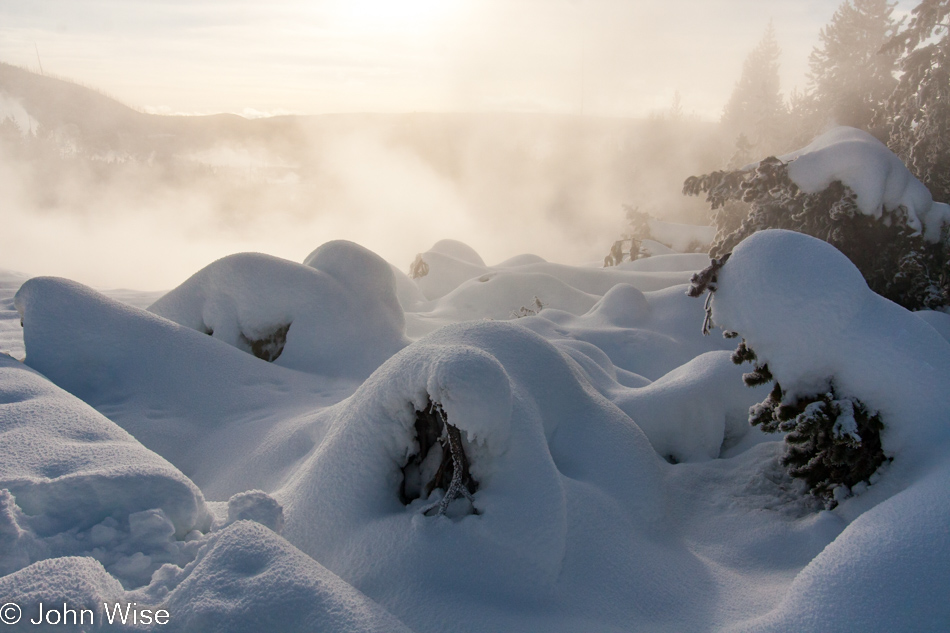 Steam rising from Emerald Spring on the Back Basin part of Norris Geyser Basin in Yellowstone National Park January 2010