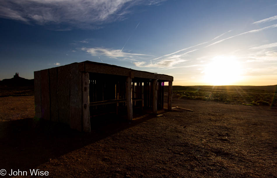 An empty sales stall at Monument Valley in Utah at sunset