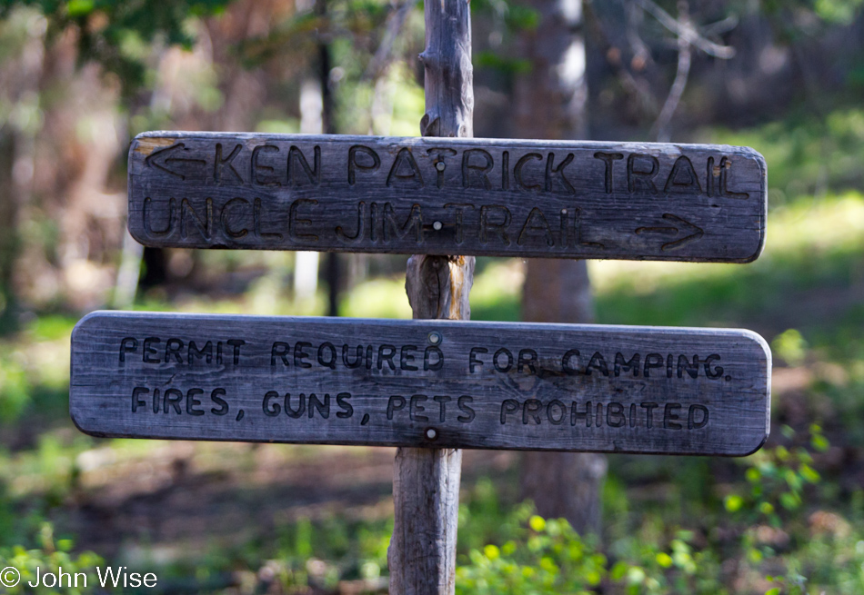 Sign directing us to the Ken Patrick and the Uncle Jim trails on the north rim of the Grand Canyon National Park