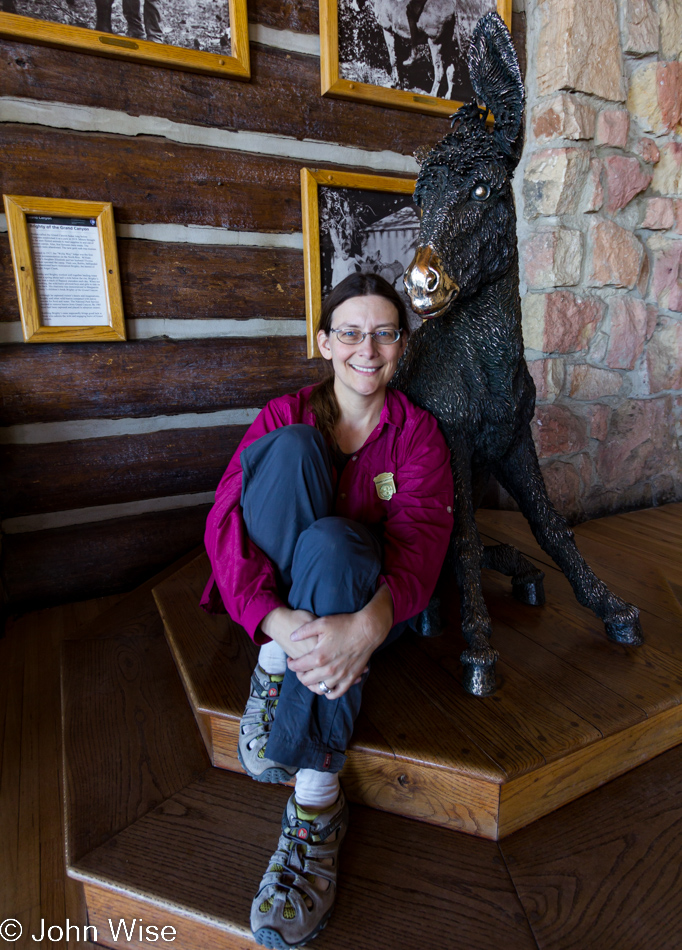 Caroline Wise with Brighty the Brass Donkey on the North Rim of the Grand Canyon, Arizona