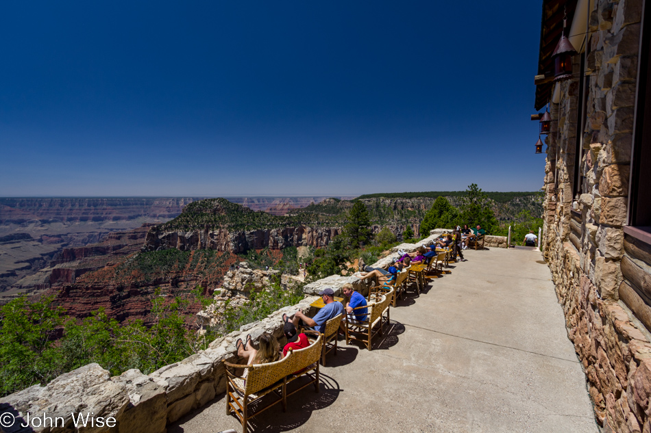 Sitting on the patio at the edge of the Grand Canyon on the north rim