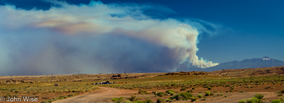 The Schultz fire in Flagstaff, Arizona as seen from Cameron, Arizona on the road to the south rim of the Grand Canyon National Park