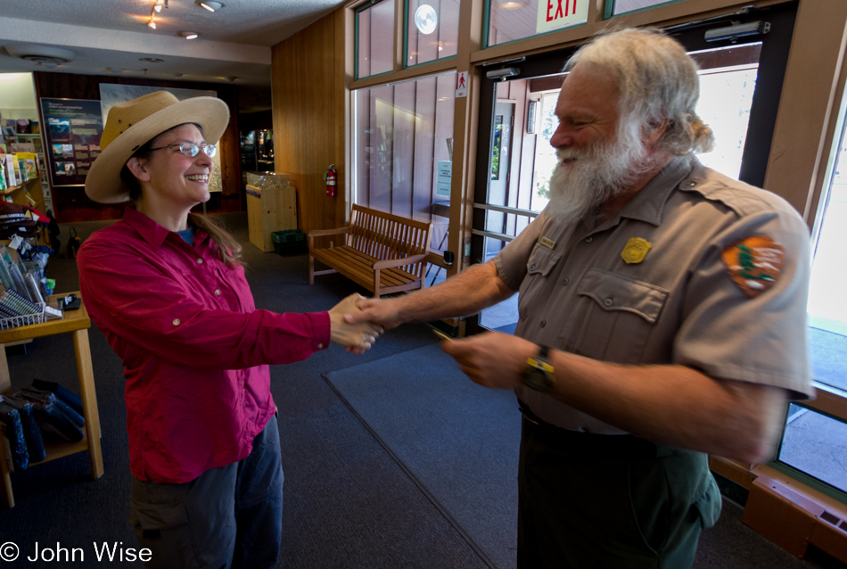 Caroline Wise receiving her Junior Range pledge from Ranger Frank Helling at Kings Canyon National Park in California