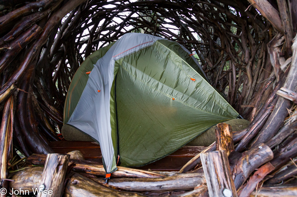 Our tent shrinking from the wind that is pushing it about inside the Nest at Treebones Resort in Big Sur, California