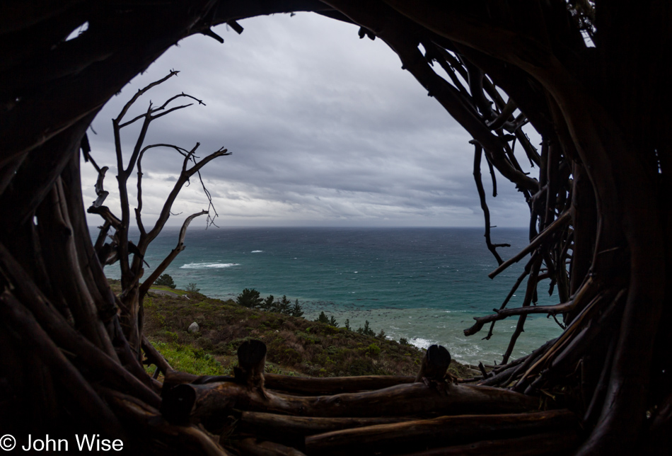 View from inside the Birds Nest at Treebones Resort in Big Sur, California