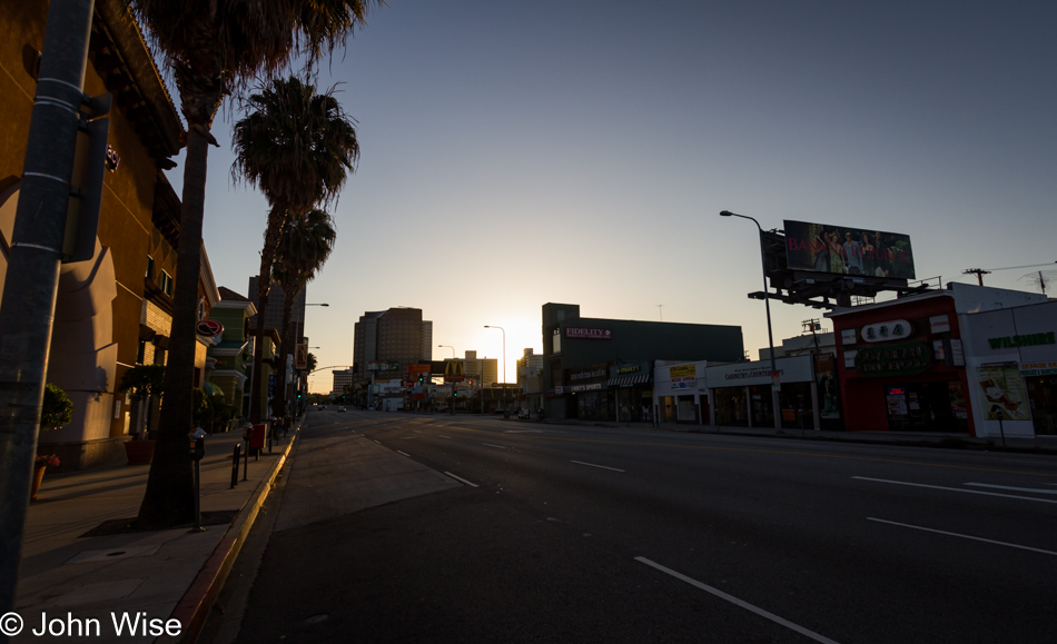The sun is still low on the horizon this early holiday Monday morning on Wilshire Blvd. The streets are empty.