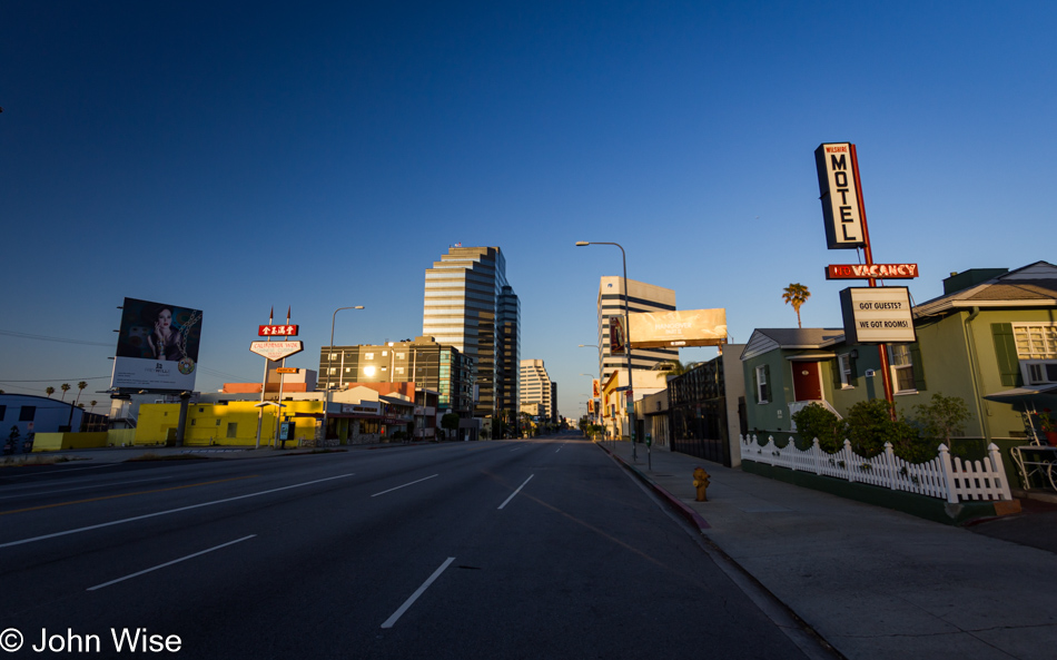 Looking south on Wilshire Blvd toward Santa Monica and the Pacific Ocean just about 4 miles away on an early holiday morning in May