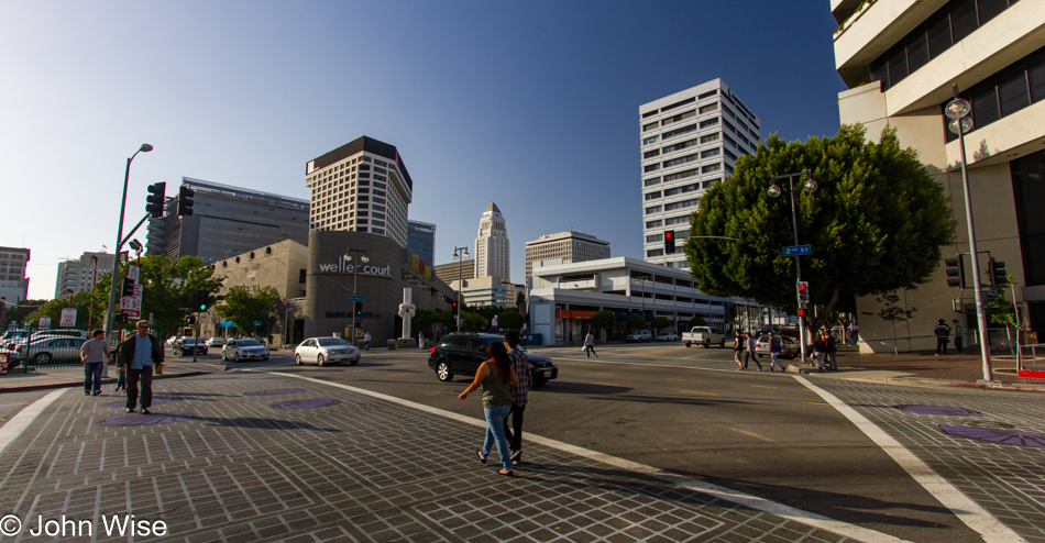Looking at the south-eastern edge of Little Tokyo in downtown Los Angeles, California