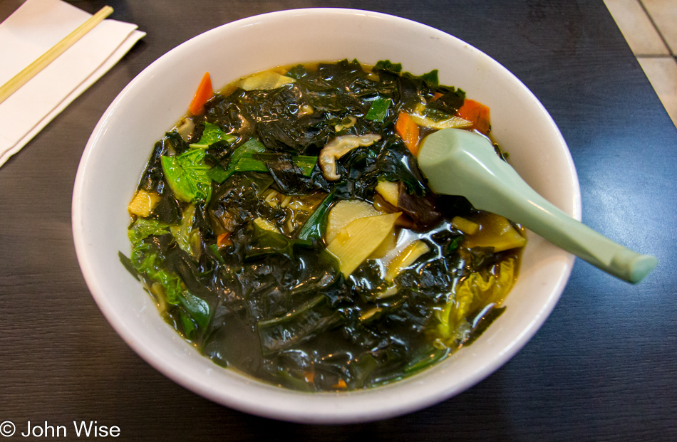 A bowl of steaming hot seaweed and tofu ramen from Ramenya on W. Olympic Blvd in Los Angeles, CA