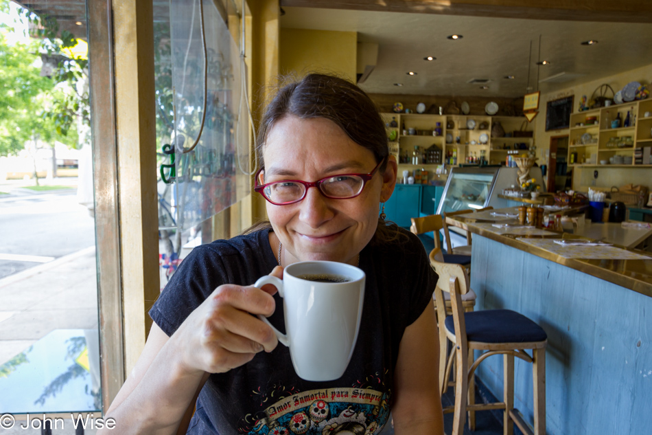 Caroline Wise enjoying breakfast at Zabies Cafe in Santa Monica, California