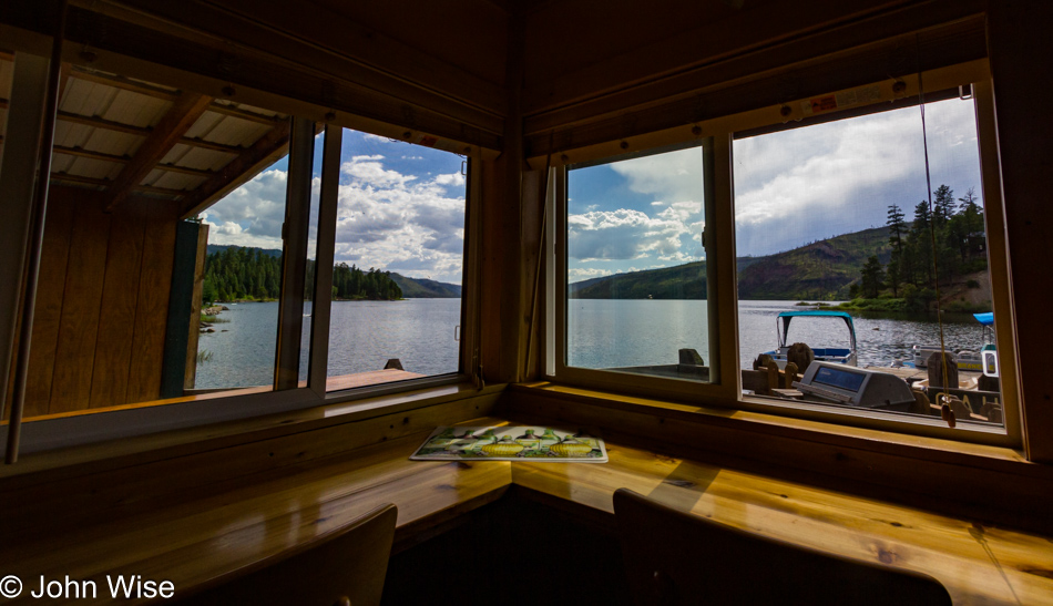The view of Vallecito Reservoir from out cabin on the boat dock at the 5 Branches Camper Park
