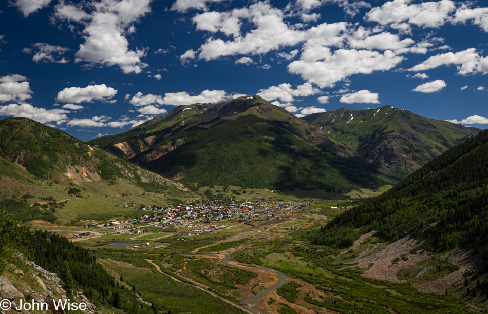 The old mining town of Silverton, Colorado seen from a road high above the valley.