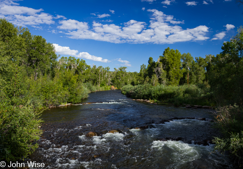 Los Pinos River running through Bayfield, Colorado after leaving the Vallecito Reservoir further upstream