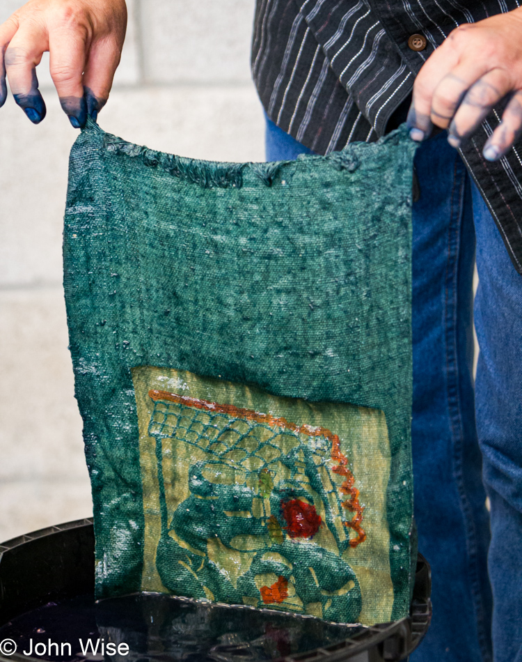 Fabric coming out of the indigo dye bath still green - IWC in Durango, CO