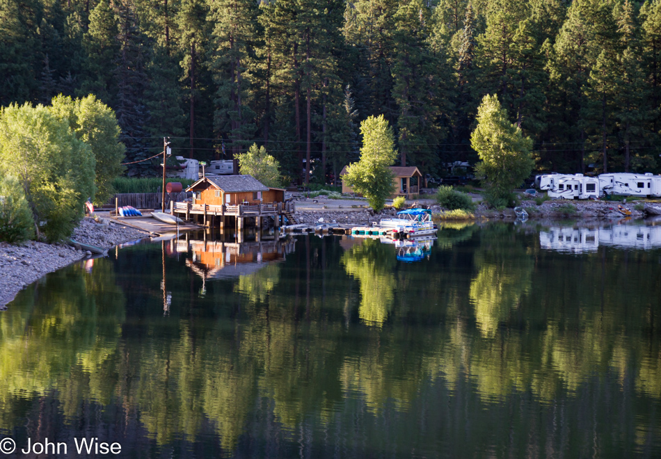 The small cabin on the dock was our home away from home here at Five Branches Camper Park in Bayfield, Colorado on the Vallecito Reservoir