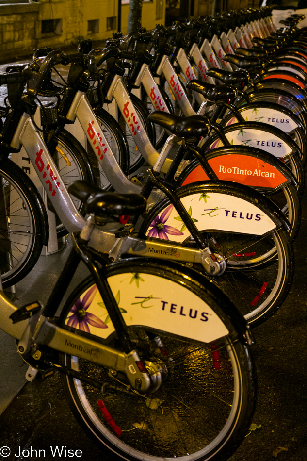 Bikes for rent on the streets of Montreal from Bixi - available 24 hours a day.