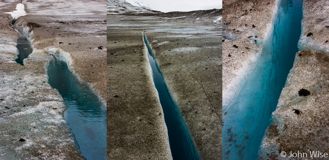 Deep channels of flowing water cut into the glacier. On Walker Glacier off the Alsek River in Alaska