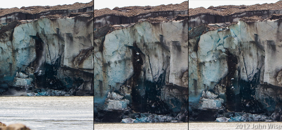 A chunk of ice starting to calve off the Tweedsmuir Glacier in Tatshenshini-Alsek Provincial Park British Columbia, Canada