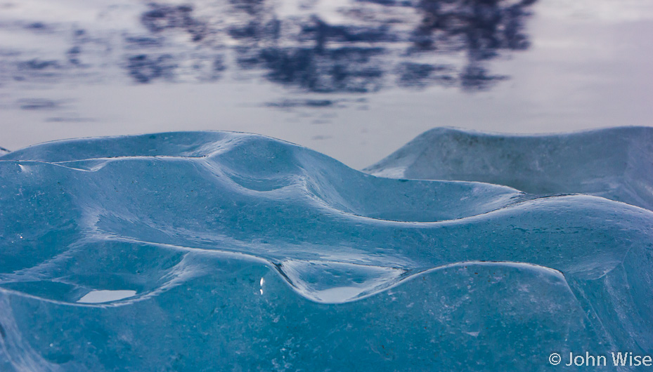 Deep blue ice from a freshly turned over iceberg on Alsek Lake in Alaska