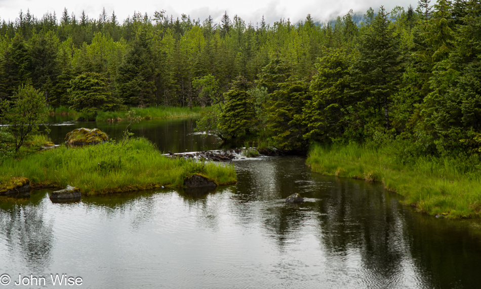 On trail walking to the Mendenhall Glacier on an overcast afternoon in Juneau, Alaska