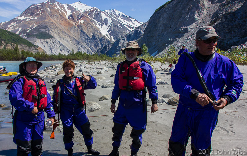 Caroline R., Carol and Harris, and Bruce Keller in dry suits after running Lava North in Kluane National Park Yukon, Canada