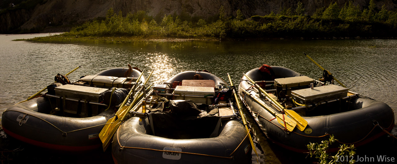 Our rafts tied up for the night at Blue Lagoon camp site in Kluane National Park Yukon, Canada