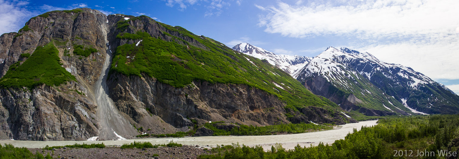 View from hillside overlooking the Alsek River in the Tatsheshini-Alsek Provincial Park in British Columbia, Canada