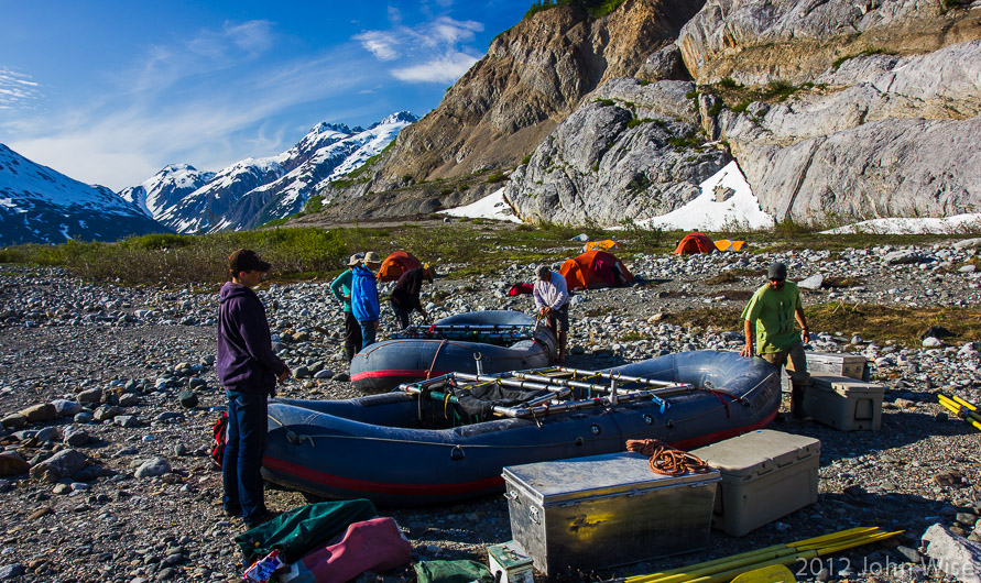 Rafts on shore before deflating them as we get ready for a helicopter portage over Turnback Canyon and the Tweedsmuir Glacier in Tatshenshini-Alsek Provincial Park British Columbia, Canada