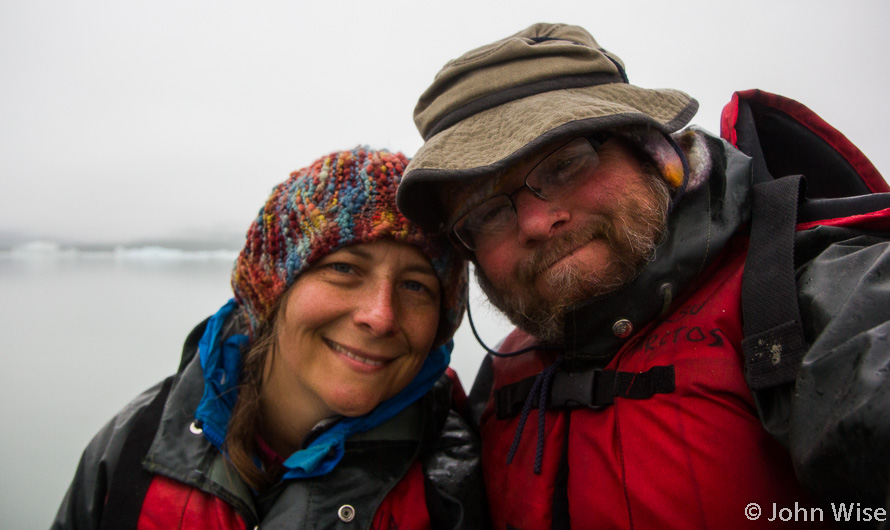 Caroline and John Wise at the end of rafting the Alsek River running from the Yukon Territory, British Columbia, and Alaska to the Pacific Ocean