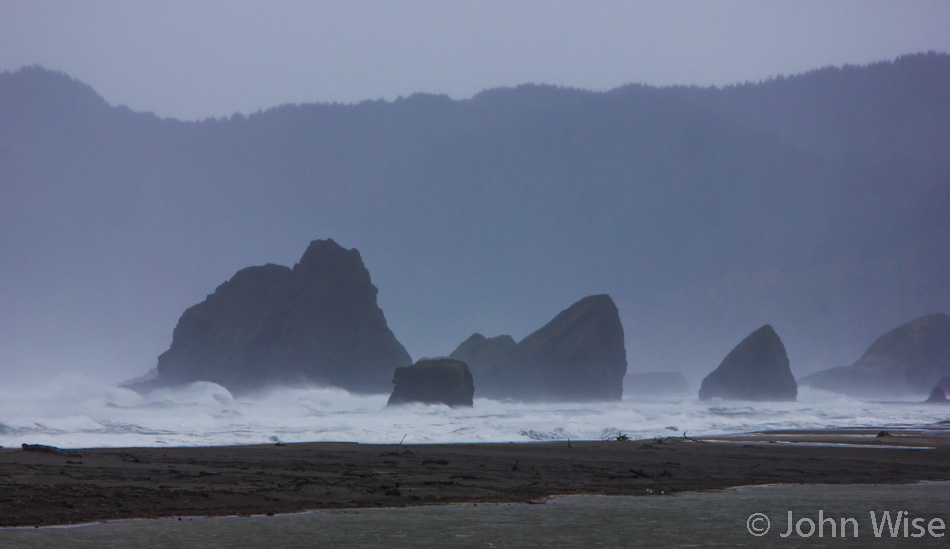The gray blustery Oregon coast on a stormy fall day.