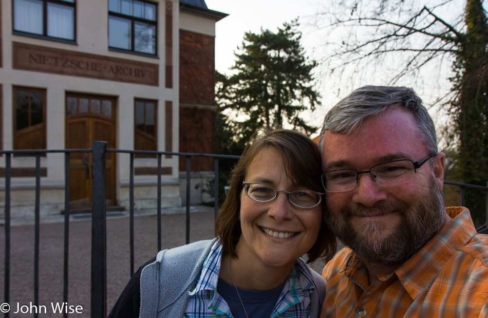 Caroline Wise and John Wise in front of the Nietzsche Archive in Weimar, Germany