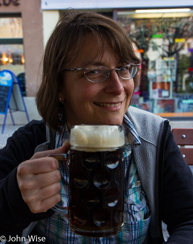 Caroline Wise having a beer in Weimar, Germany