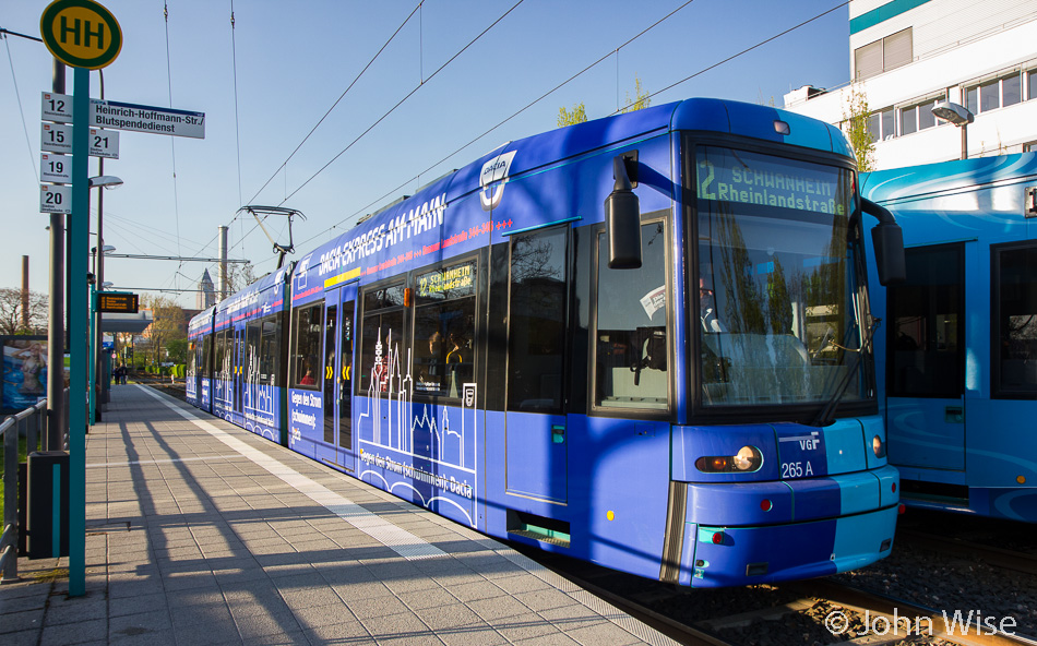 Streetcar number 12 passing by the blood donor service in Frankfurt, Germany